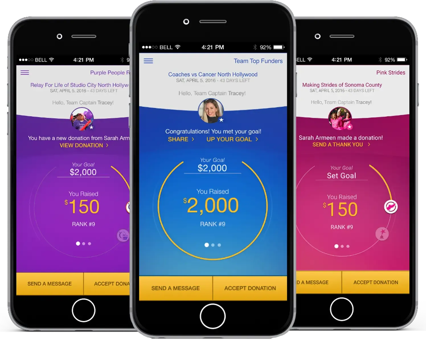 Three phones showcasing the homepage of the different FUNdraising app themes