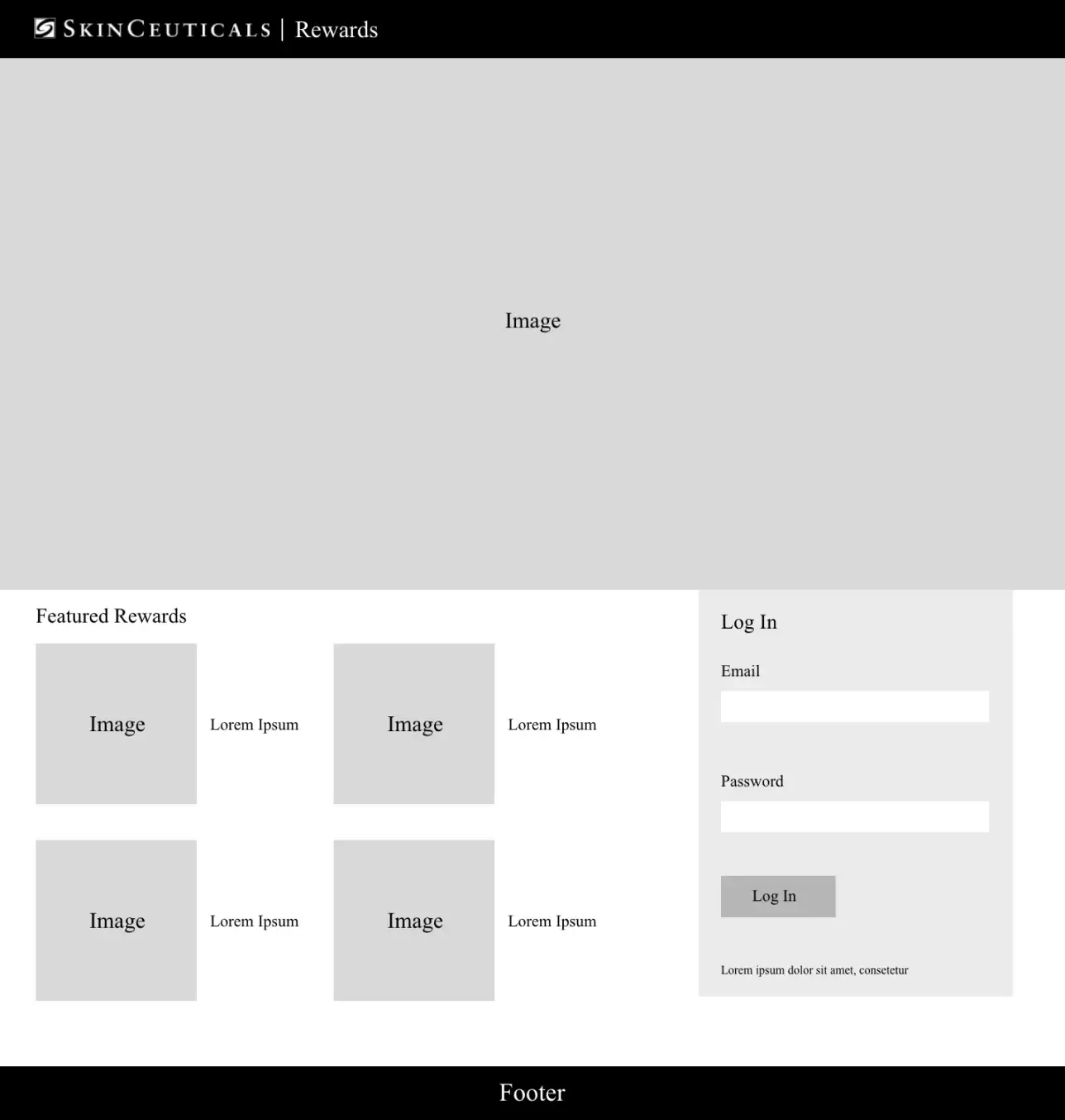 SkinCeuticals Rewards Program landing page wireframe.