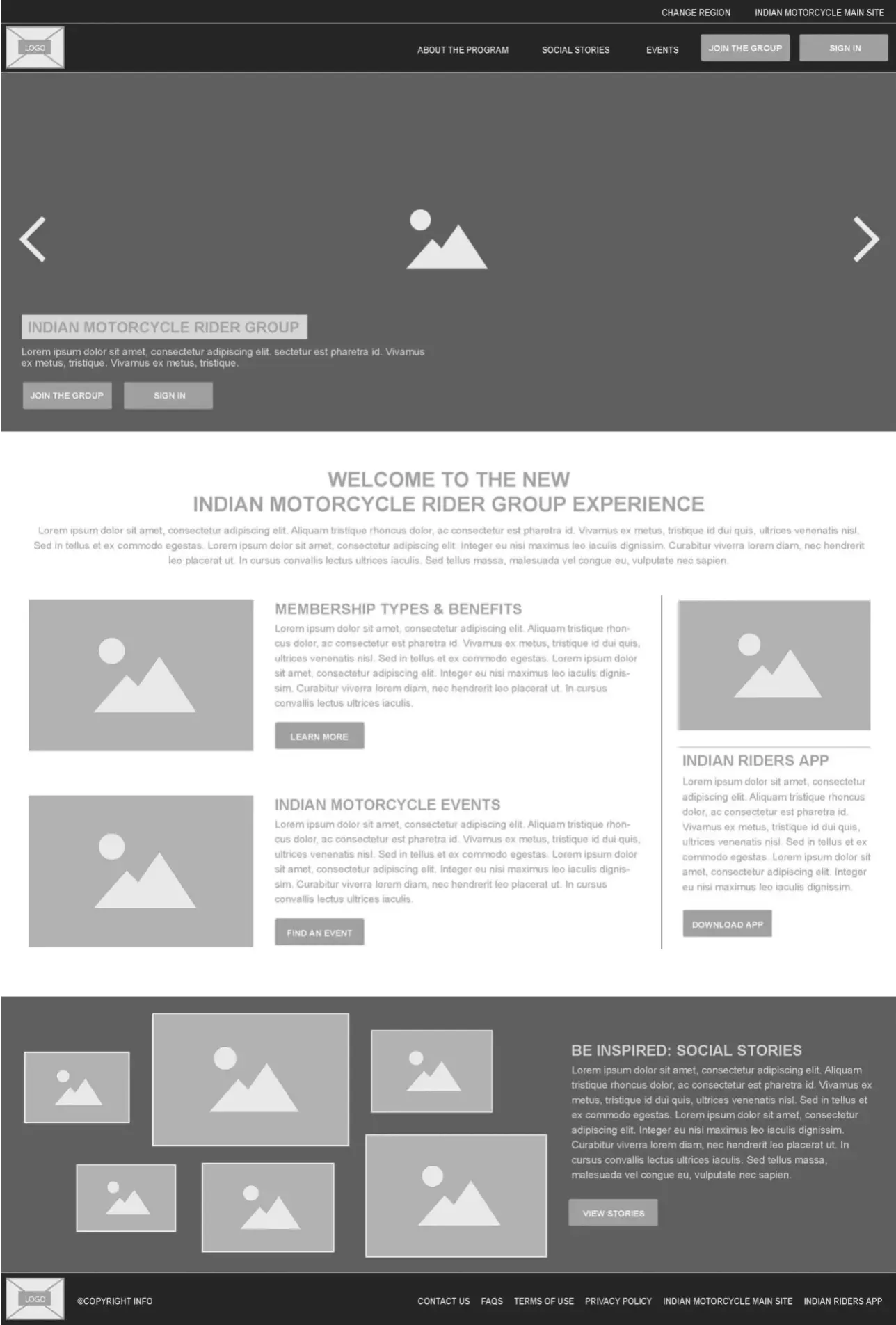 Indian Motorcycle Riders Group homepage wireframe.