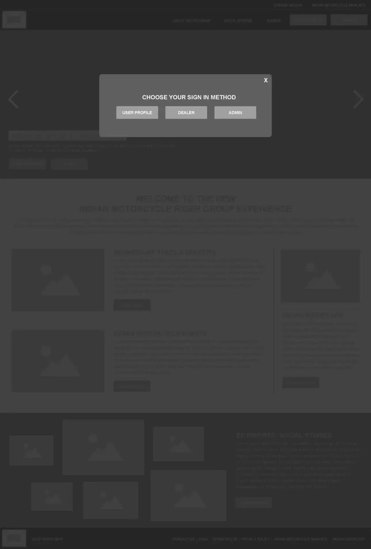 Indian Motorcycle Riders Group homepage wireframe with modal