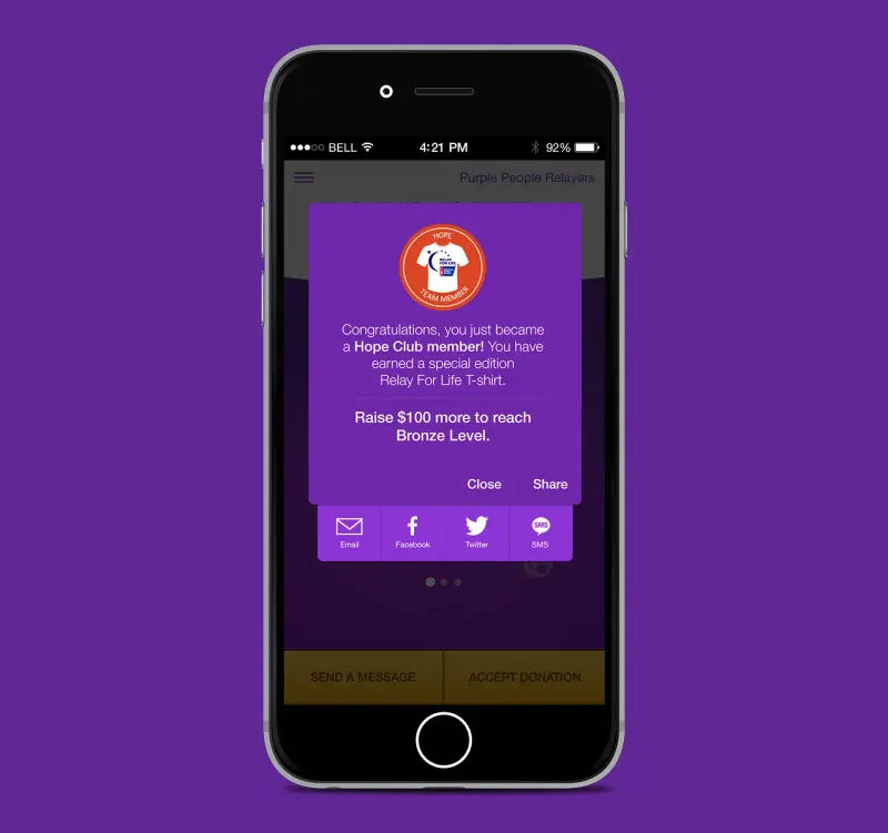 FUNdraising app badge milestone achieved for an individual participant - Relay Fore Life Theme.
