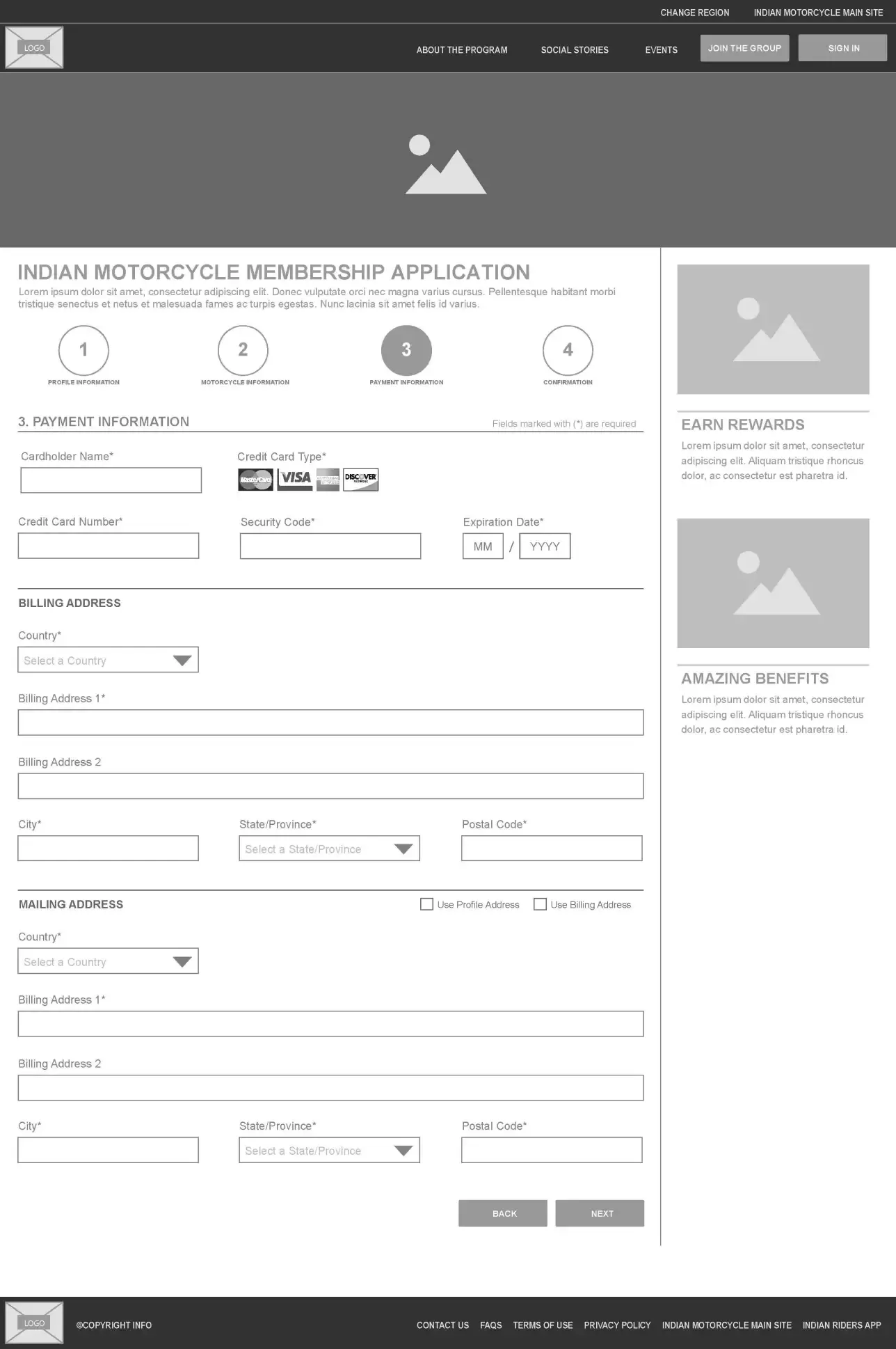 Indian Motorcycle Riders Group registration page wireframe.