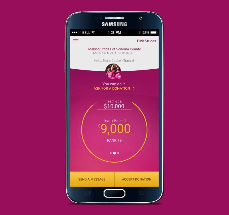 FUNdraising app donations raised screen for a team - Making Strides Against Breast Cancer Theme.