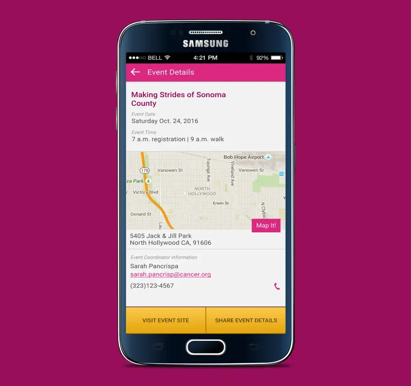 FUNdraising app event details screen - Making Strides Against Breast Cancer Theme.