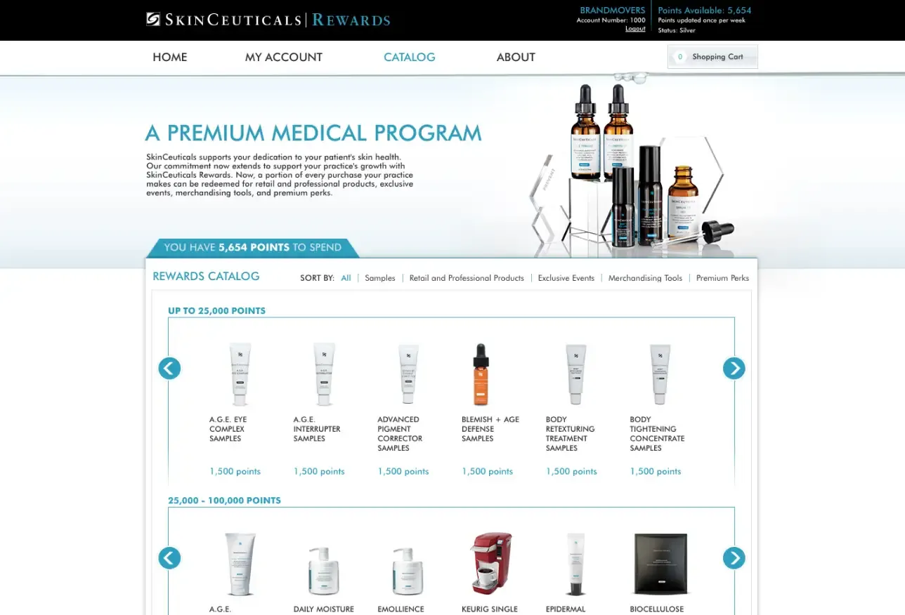 SkinCeuticals Rewards Program Product Catalog page high fidelity.