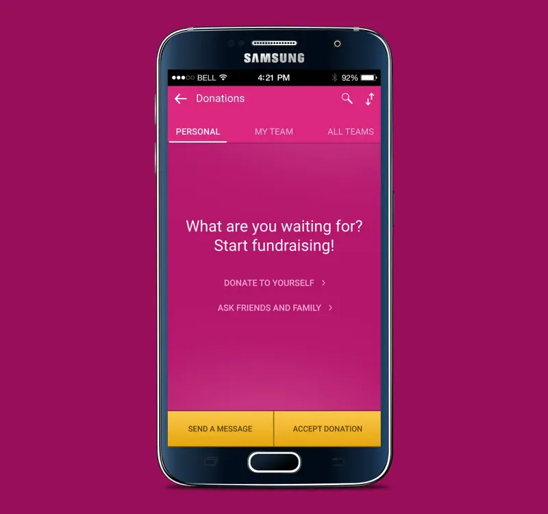 FUNdraising app event startup screen - Making Strides Against Breast Cancer Theme.