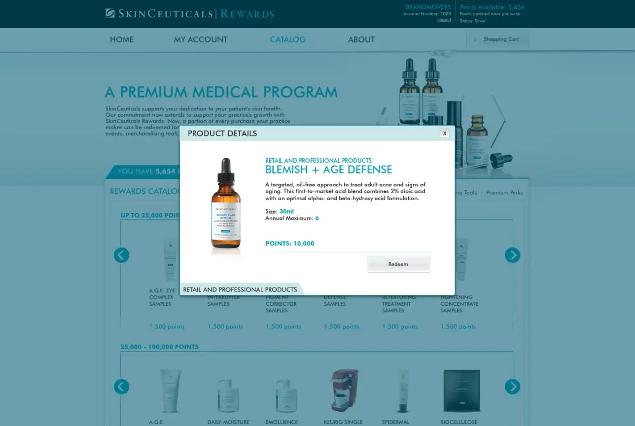 SkinCeuticals Rewards Program catalog page product details high fidelity.