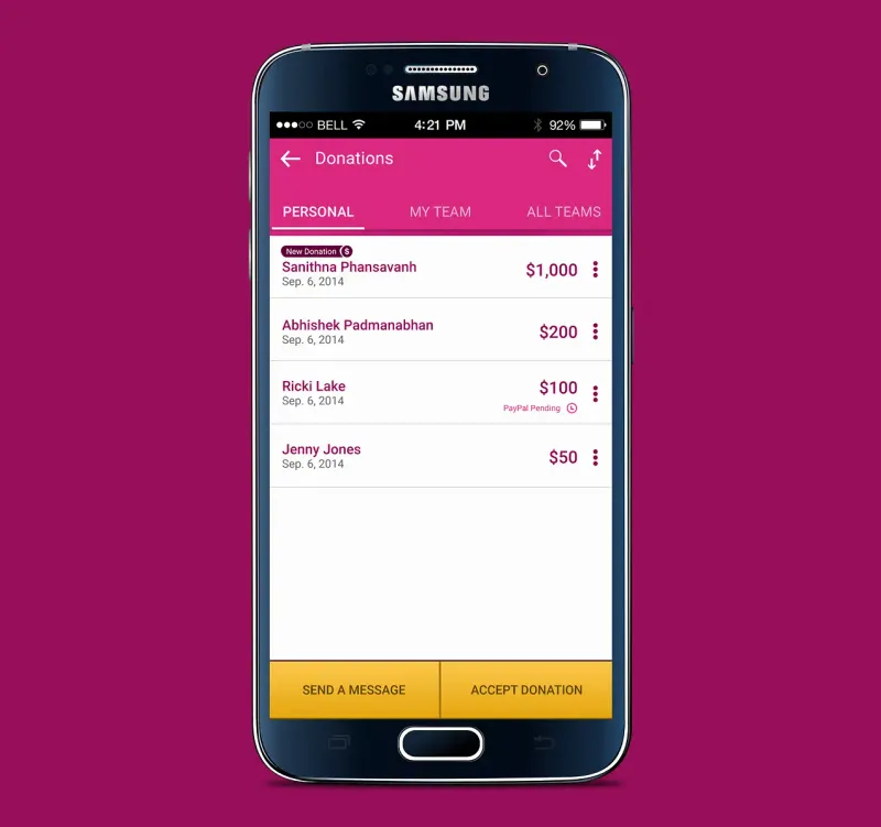 FUNdraising app donations list screen - Making Strides Against Breast Cancer Theme.