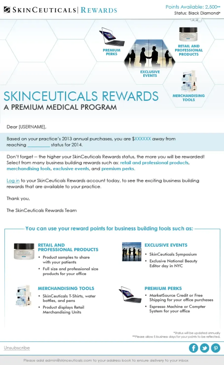 Skinceuticals Rewards Program activation email.