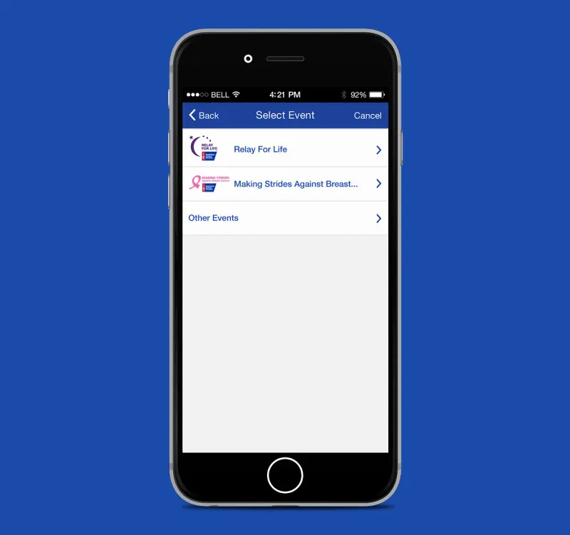 FUNdraising app select an event screen - General Theme.