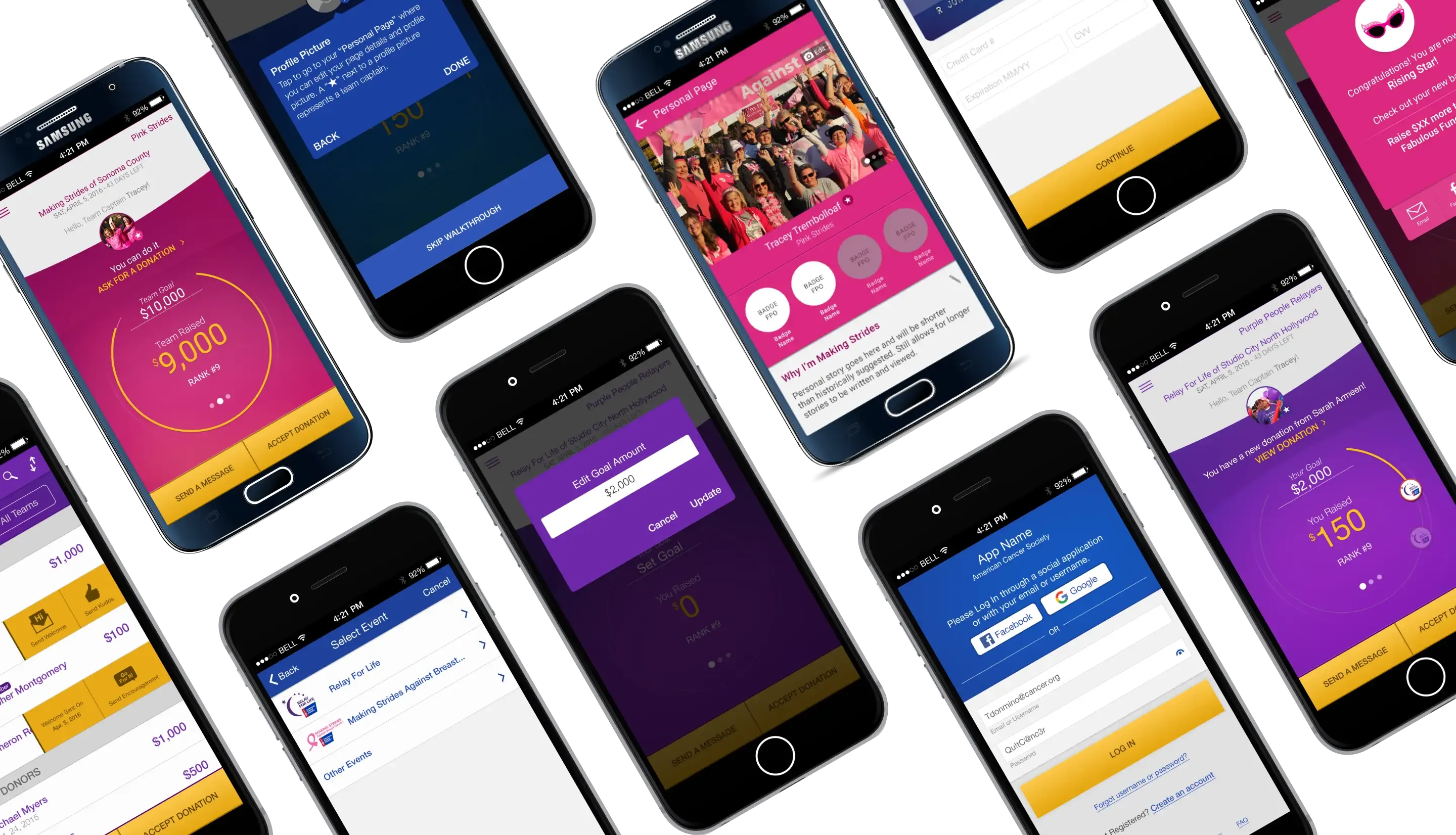 Collage of multiple FUNdraising app screen designs