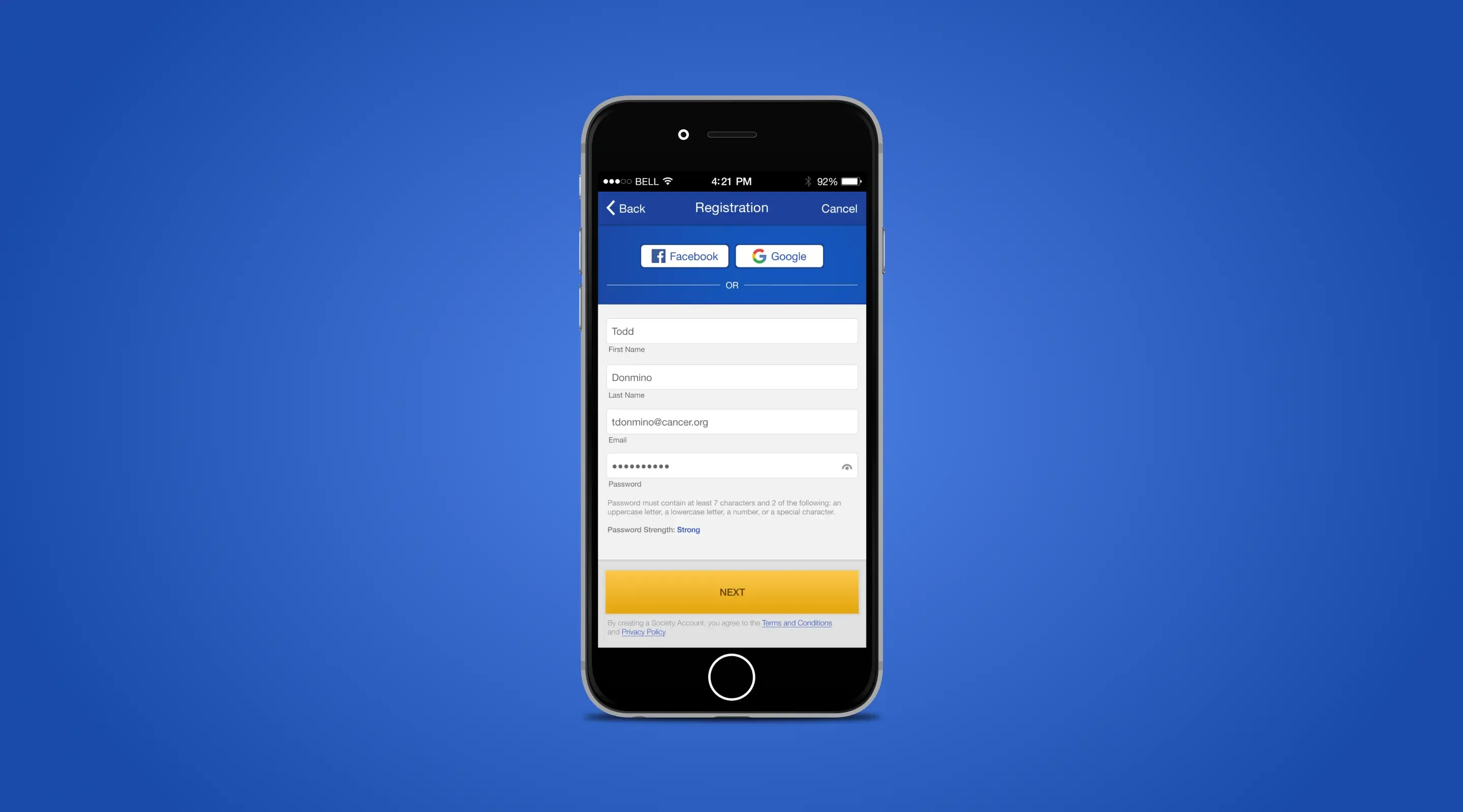 Mobile app general theme registration page