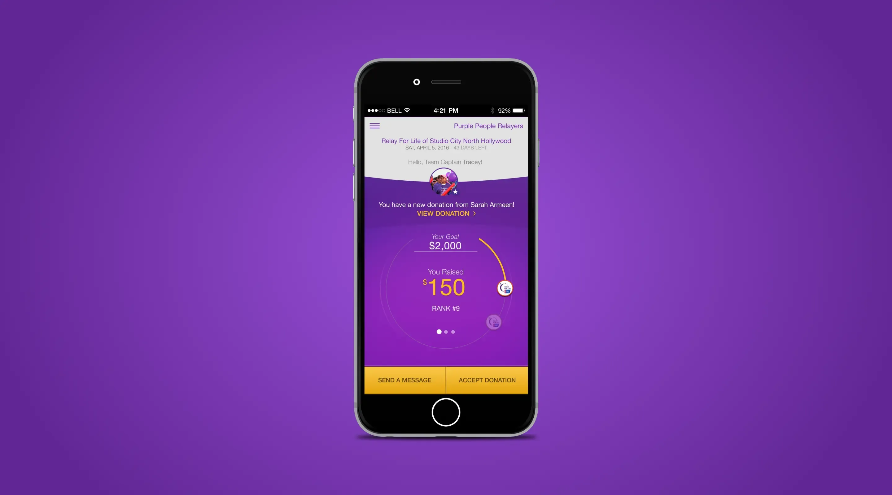 Mobile app Relay for life goal and donation tracker screen