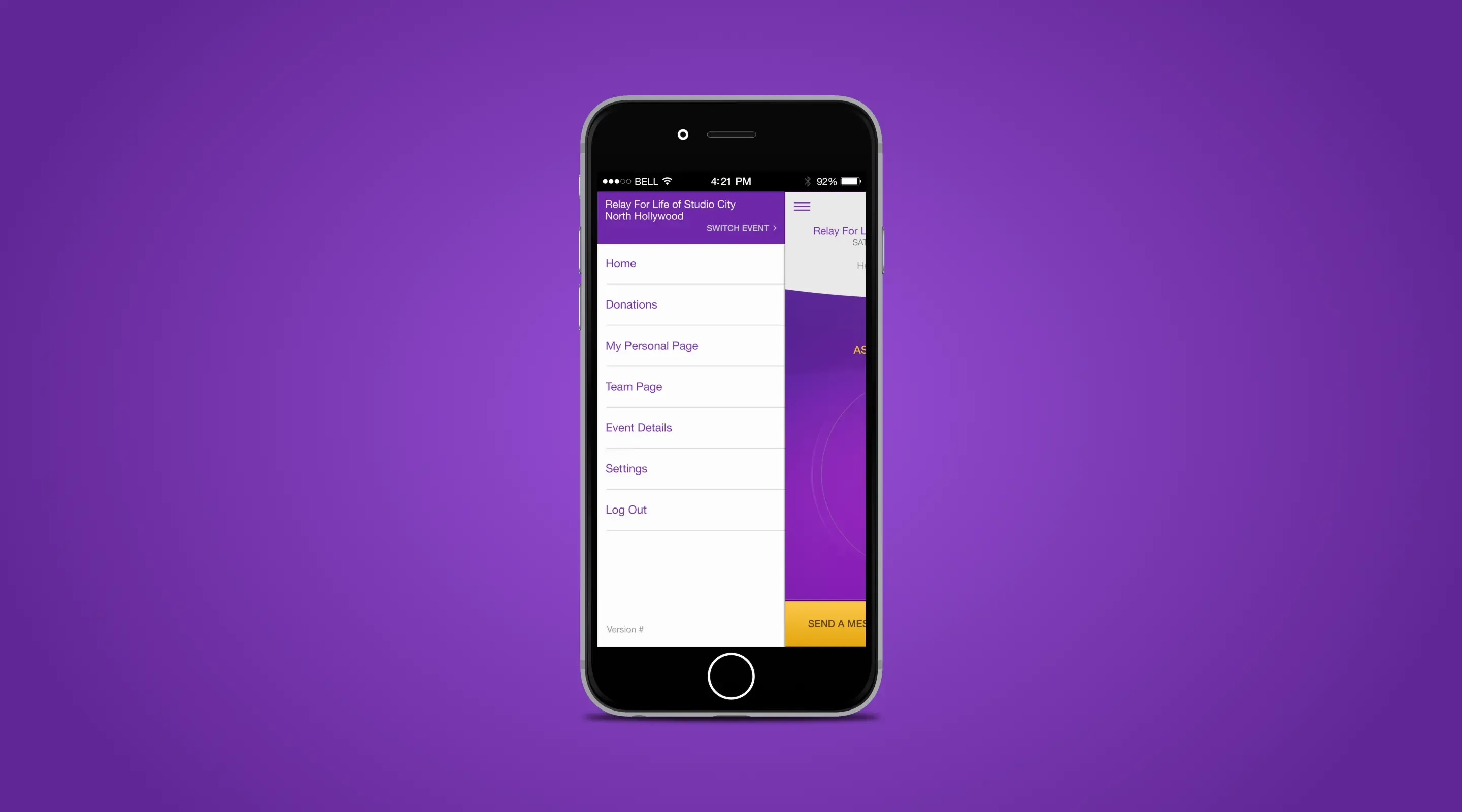 Mobile app Relay for life mobile app menu screen