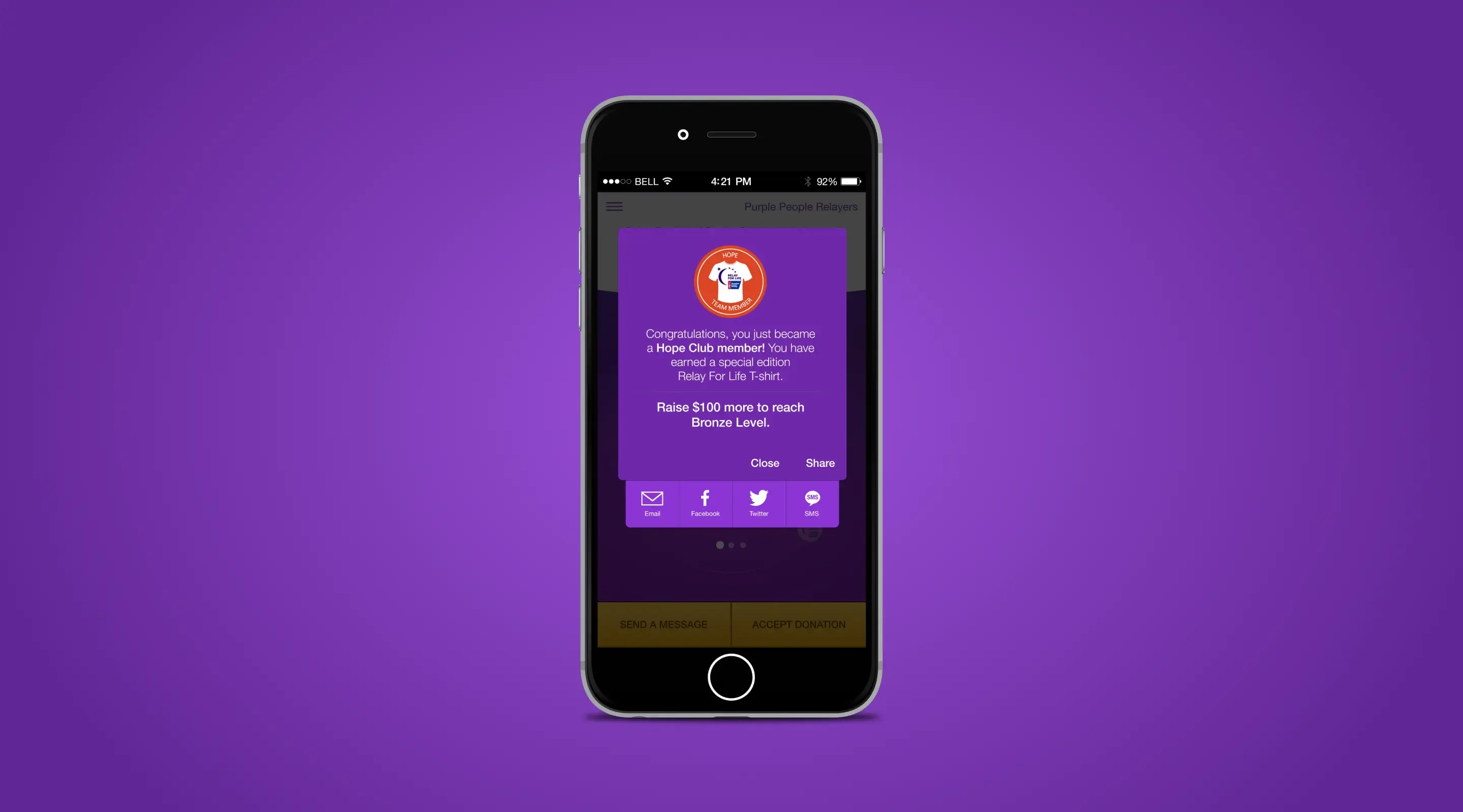 Mobile app Relay for life badge milestone screen