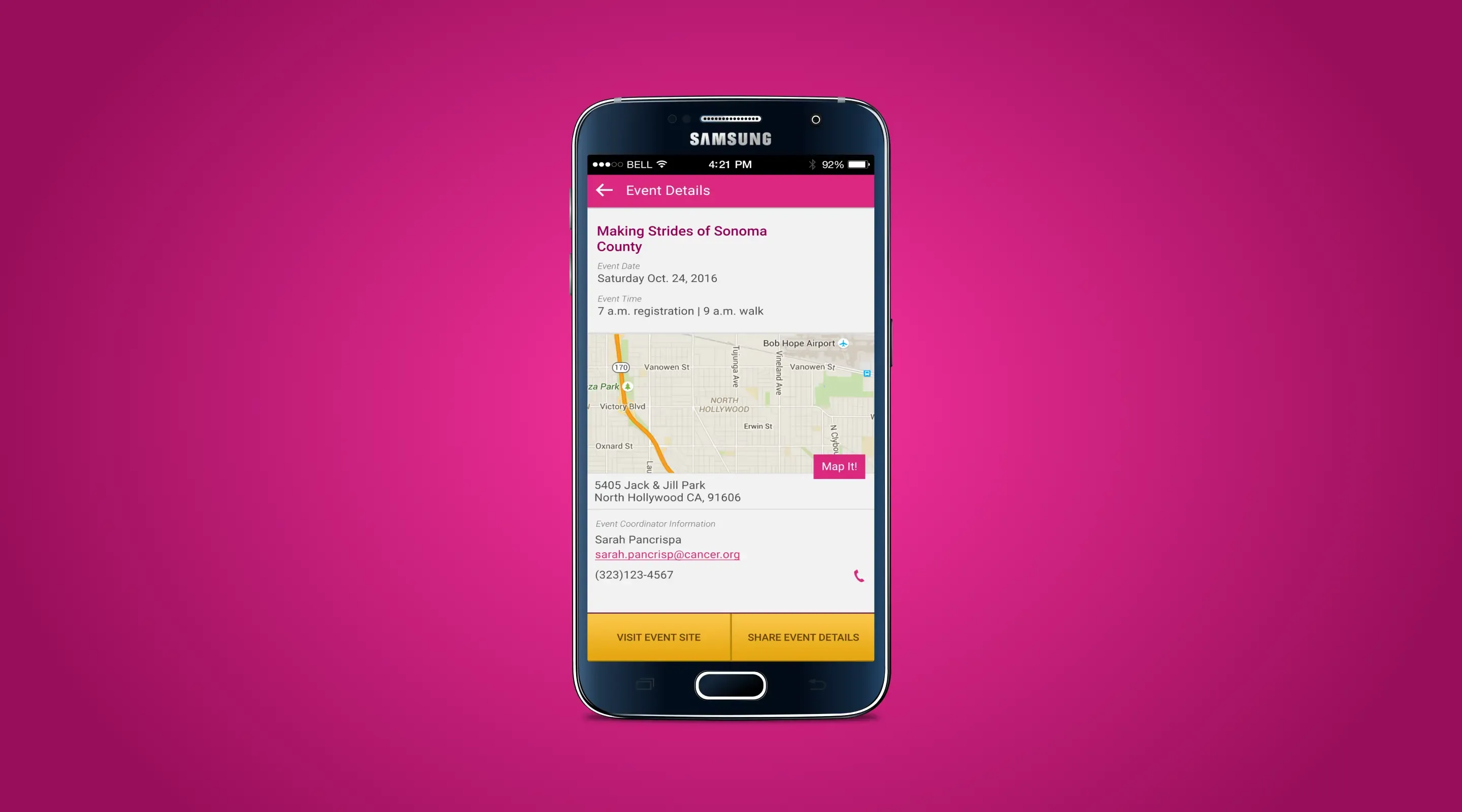 Mobile app Making Strides Against Breast Cancer event details screen