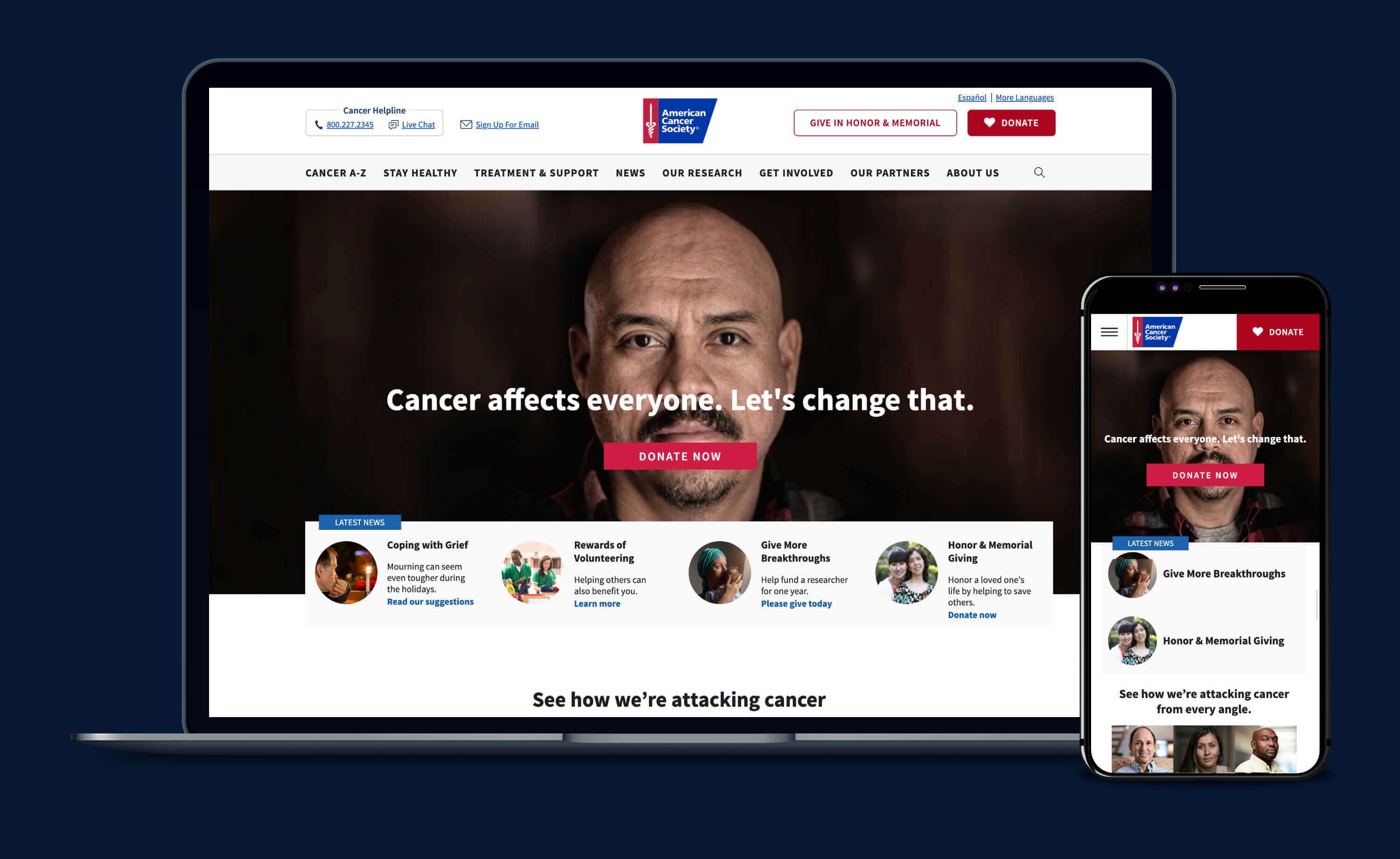Hero image - screenshot of American Cancer Society homepage in desktop and mobile application