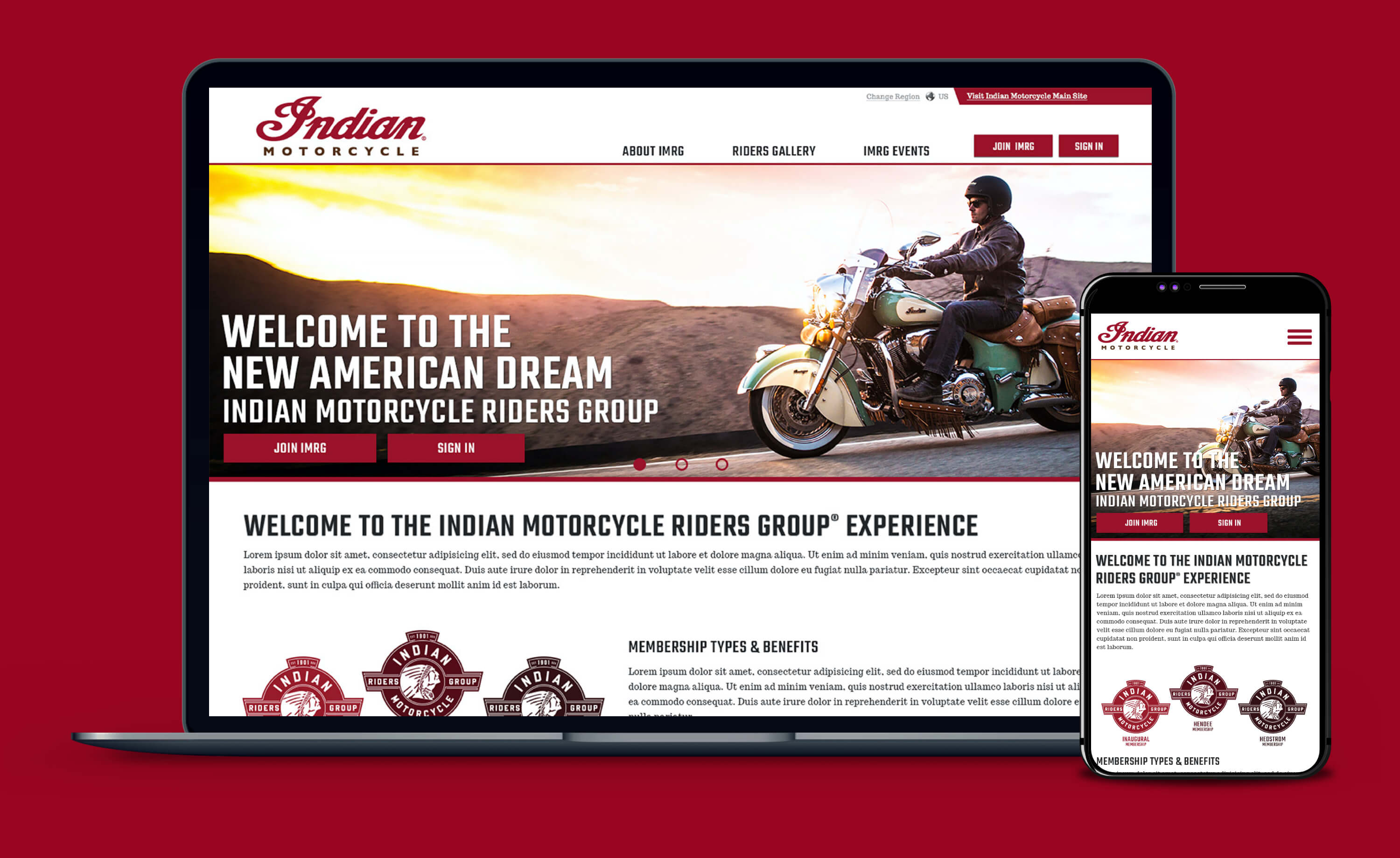 Hero image - screenshot of Indian Motorcycle Riders Group homepage in desktop and mobile application