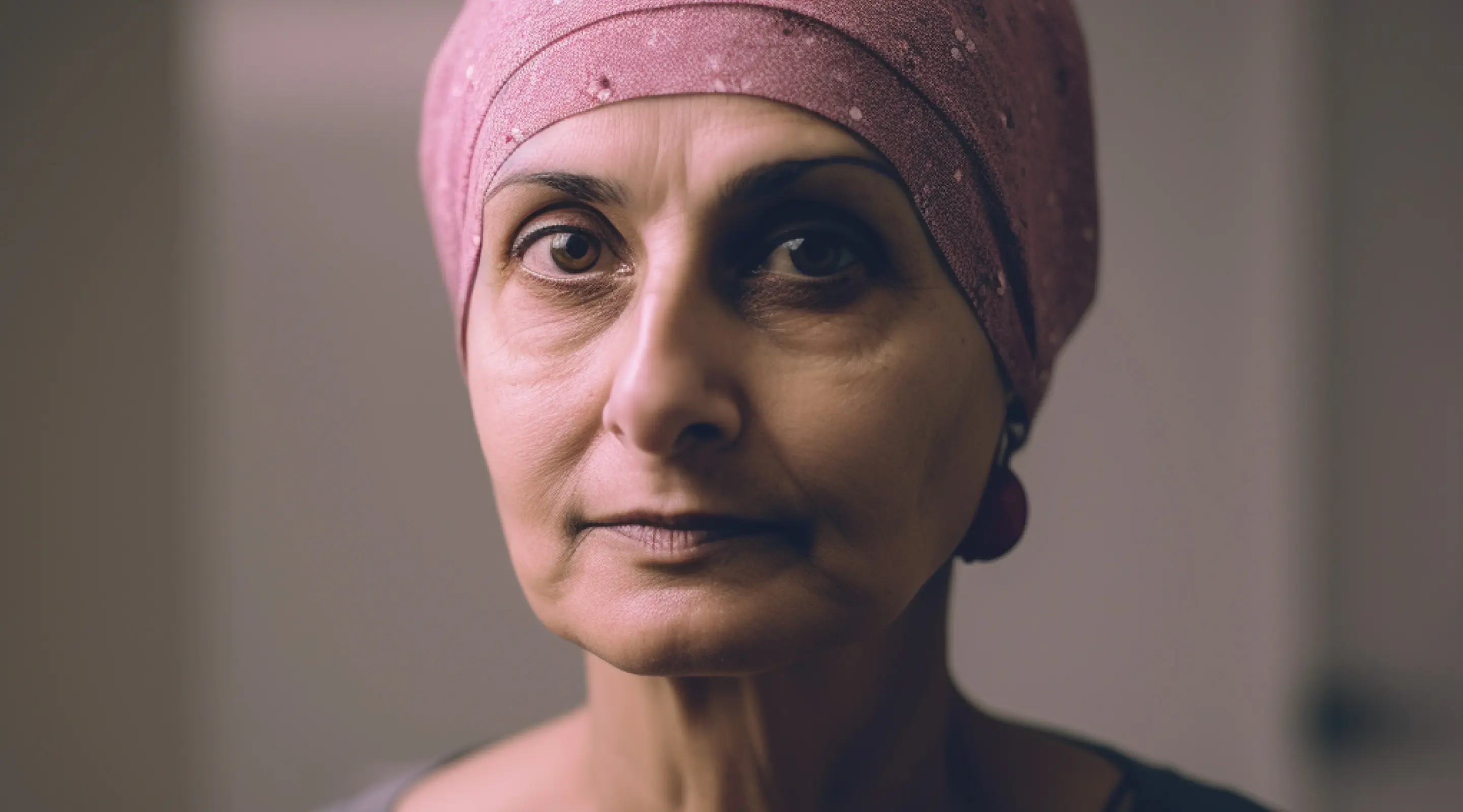 Older hispanic woman cancer survivor with head dress, steering deeply and intensely into camera