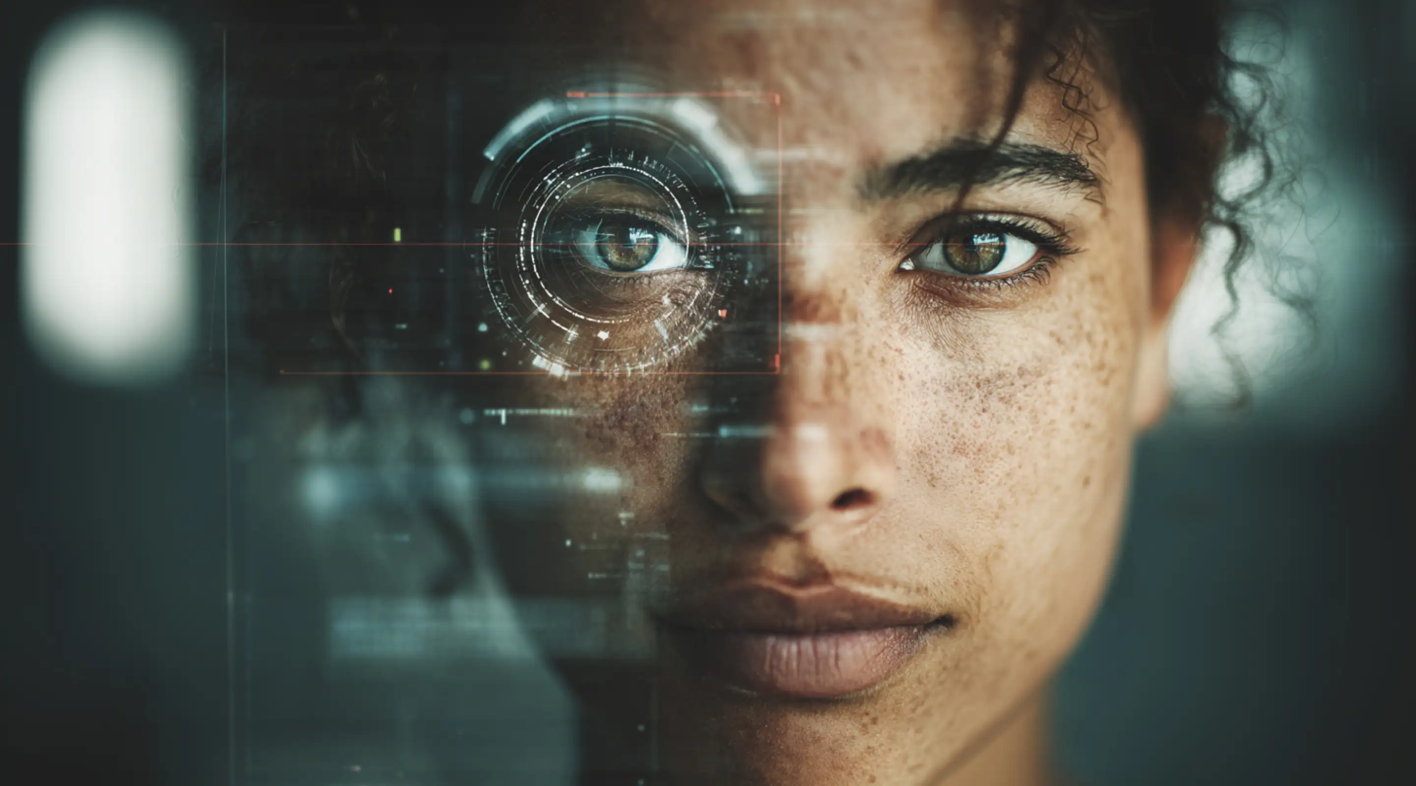 Closeup of an ambiguous woman looking into the camera having their eyeball scanned with digital artifacts around her face and eye.